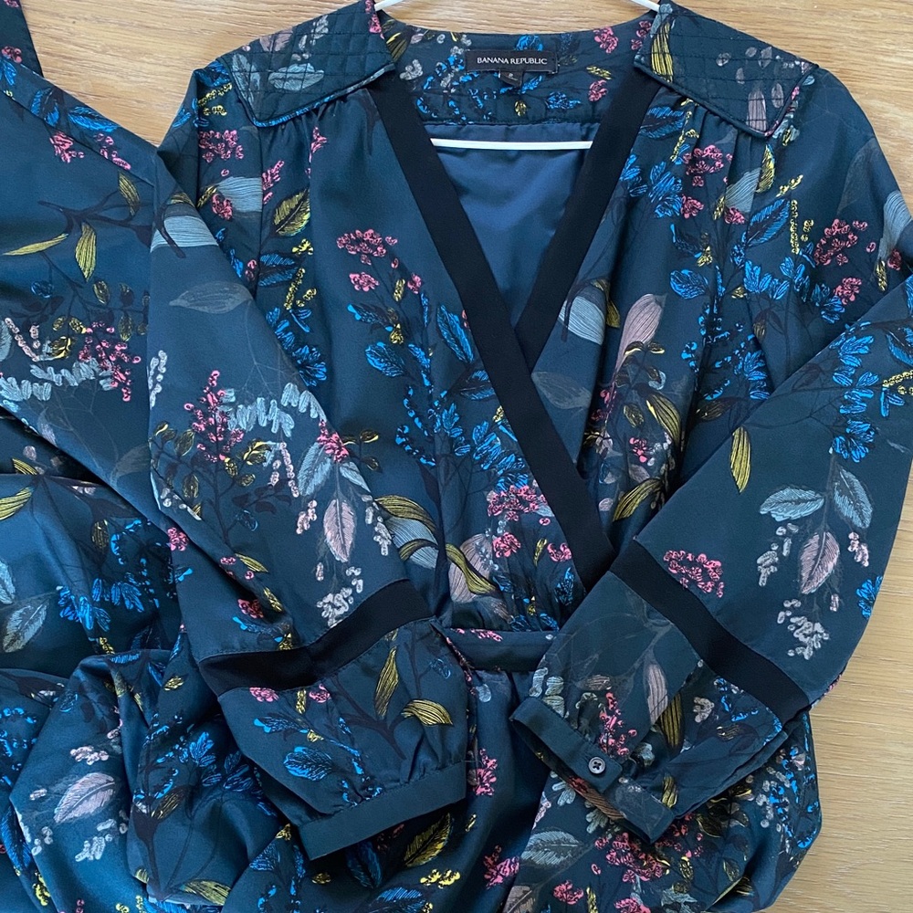 Banana Republic Navy Floral Wrap Dress with Blue, Pink & Yellow Accents